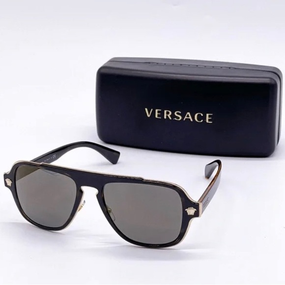 New - VERSACE Medusa Charm VE2199  square sunglass havana  dark grey gold mirr… - Picture 2 of 5